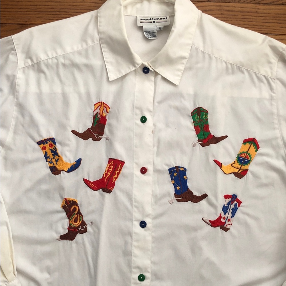 Westbound II Women’s Embroidered Cowboy Boot White Shirt Size 16 - Picture 2 of 12